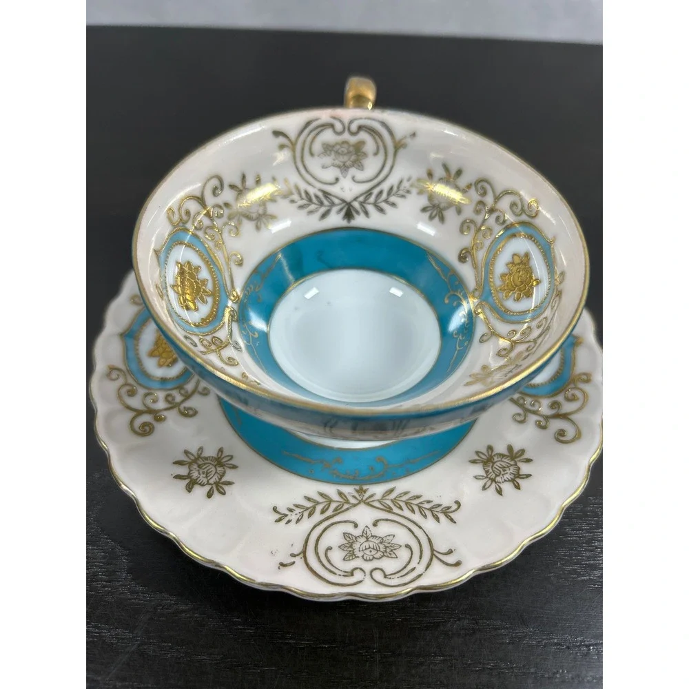 Vintage Ucagco China Teacup Saucer Set Turquoise Gold Gilt Hand Painted Japan